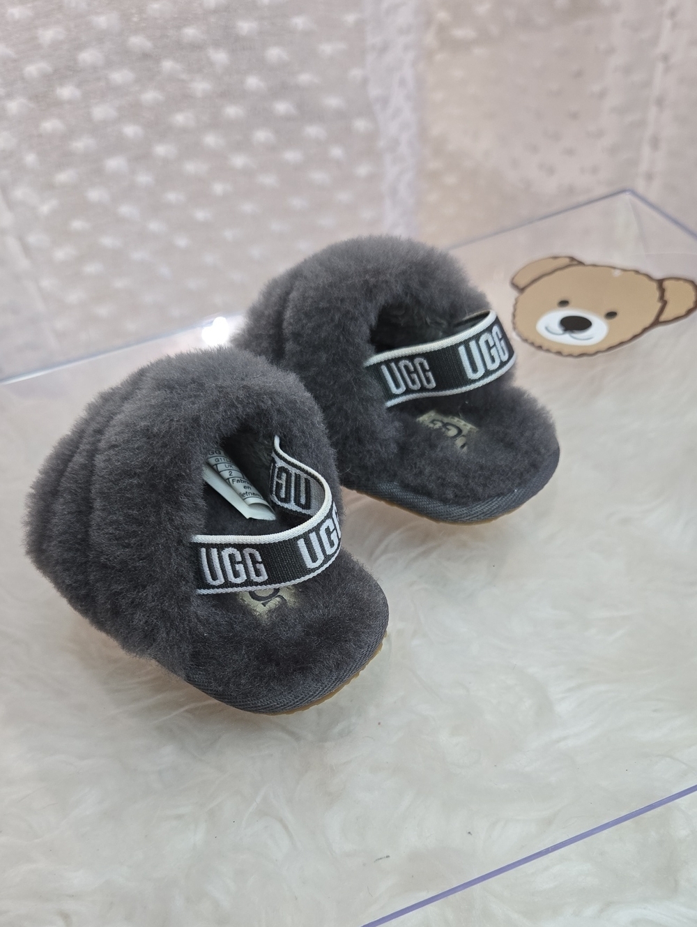 UGG Kids Charcoal Plush Shearling Slide Sandals with Logo Strap